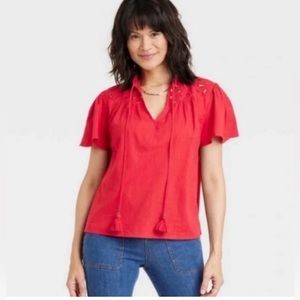 Women's Short Sleeve V-Neck Woven Eyelet Top - Knox Rose